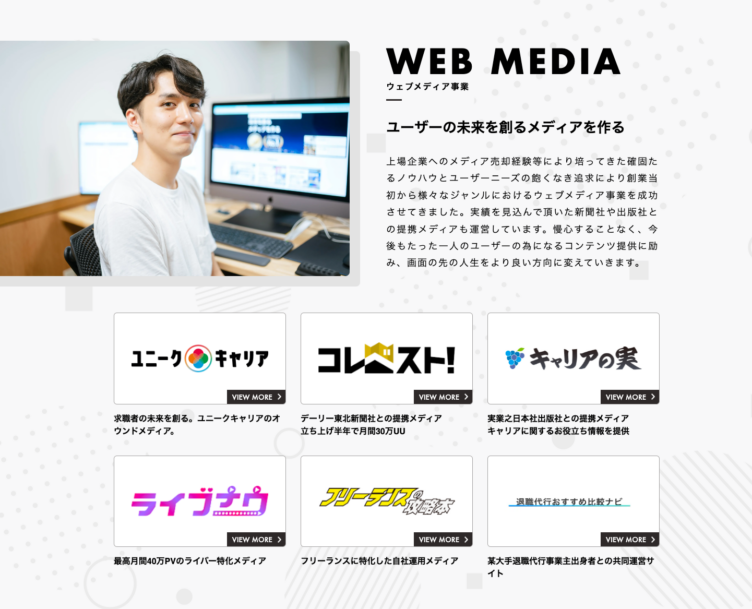 ユニークキャリア株式会社のウェブメディア事業を説明したHP画面