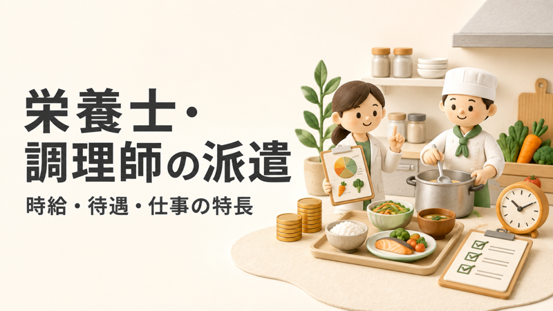 栄養士・調理師の派遣の時給・待遇・仕事の特長を解説する記事のアイキャッチ