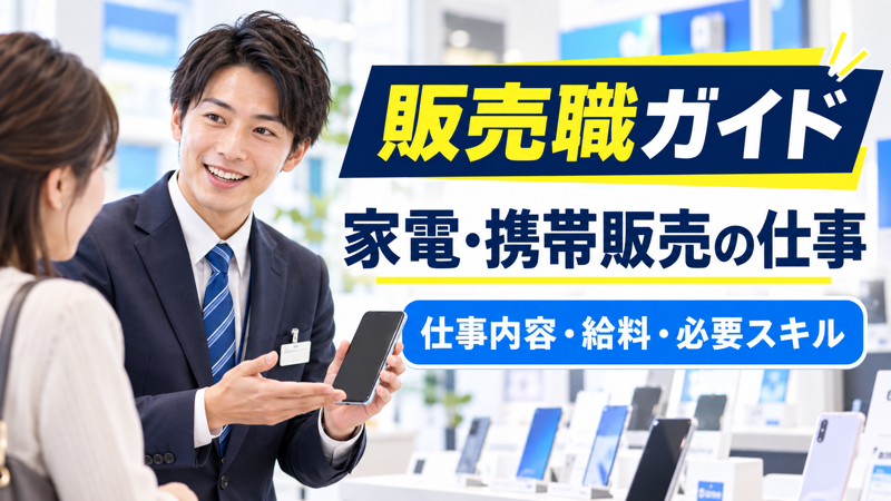 男性販売員が家電と携帯販売の仕事内容を紹介するアイキャッチ