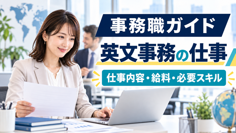 女性事務スタッフが英文事務の仕事内容を紹介するアイキャッチ