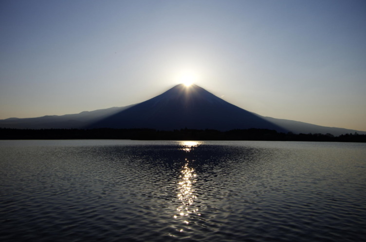 静岡県富士宮市から見た富士山頂に太陽がかかる富士山の様子