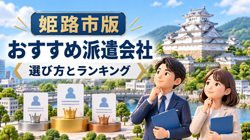 姫路城を背景に派遣会社を比較する男女のアイキャッチ