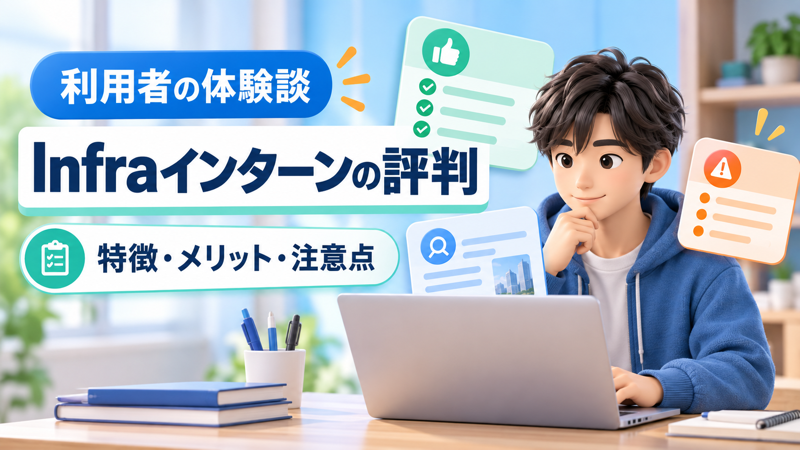 男性学生がInfraインターンの特徴と評判を確認するアイキャッチ