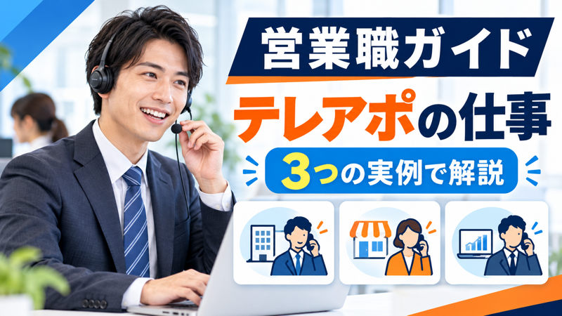 男性テレアポ担当者と三つの仕事例を紹介するアイキャッチ