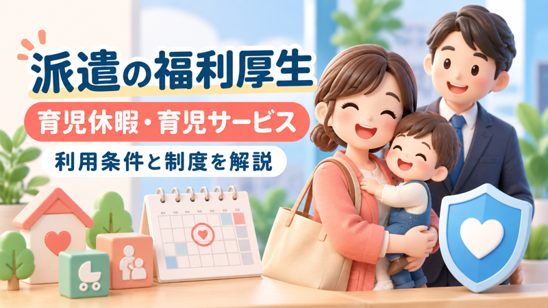 働く母親と家族で派遣の育児制度を紹介するアイキャッチ