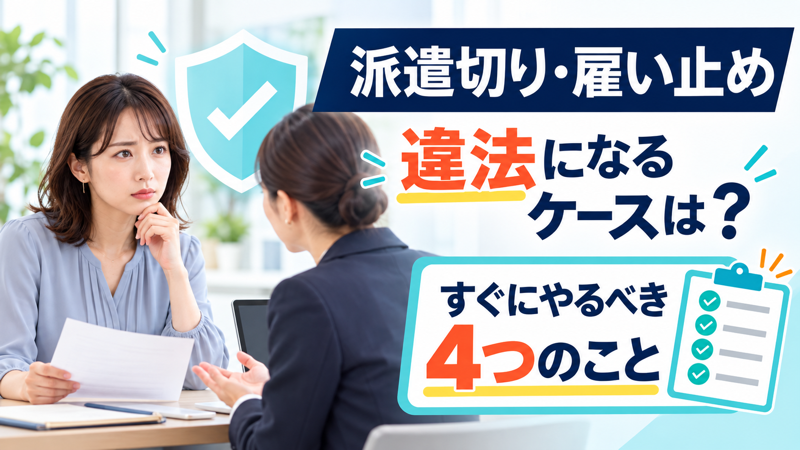 女性派遣社員が派遣切りについて相談するアイキャッチ
